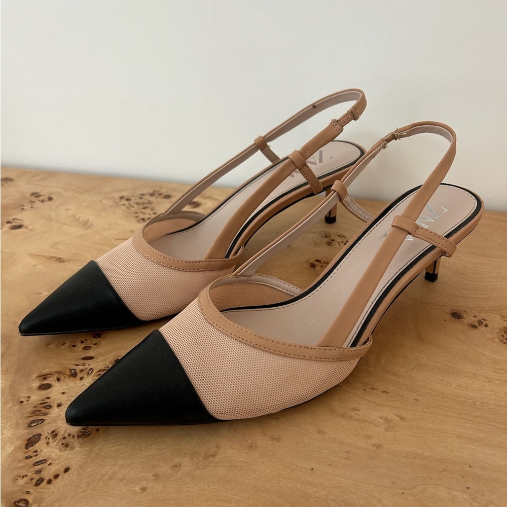 Zara Black and Tan Slingback Heels with Pointed Toe